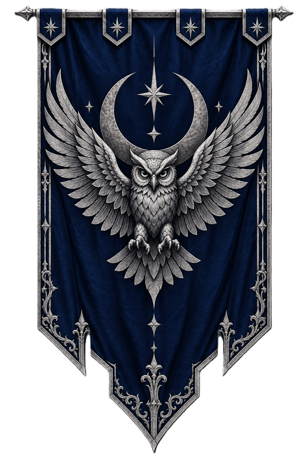 Moon Owls banner: a silver owl and crescent moon on navy